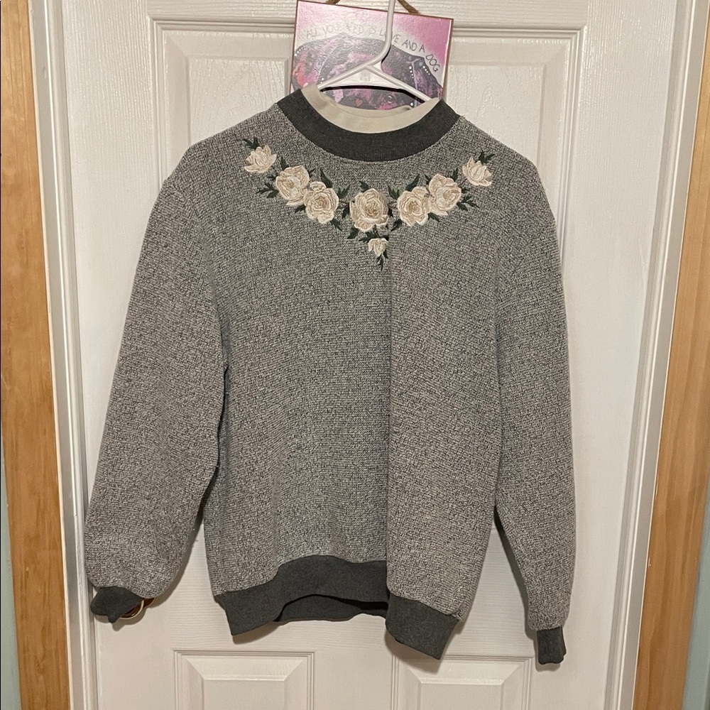 Gray Floral Embroidered Women's Sweater